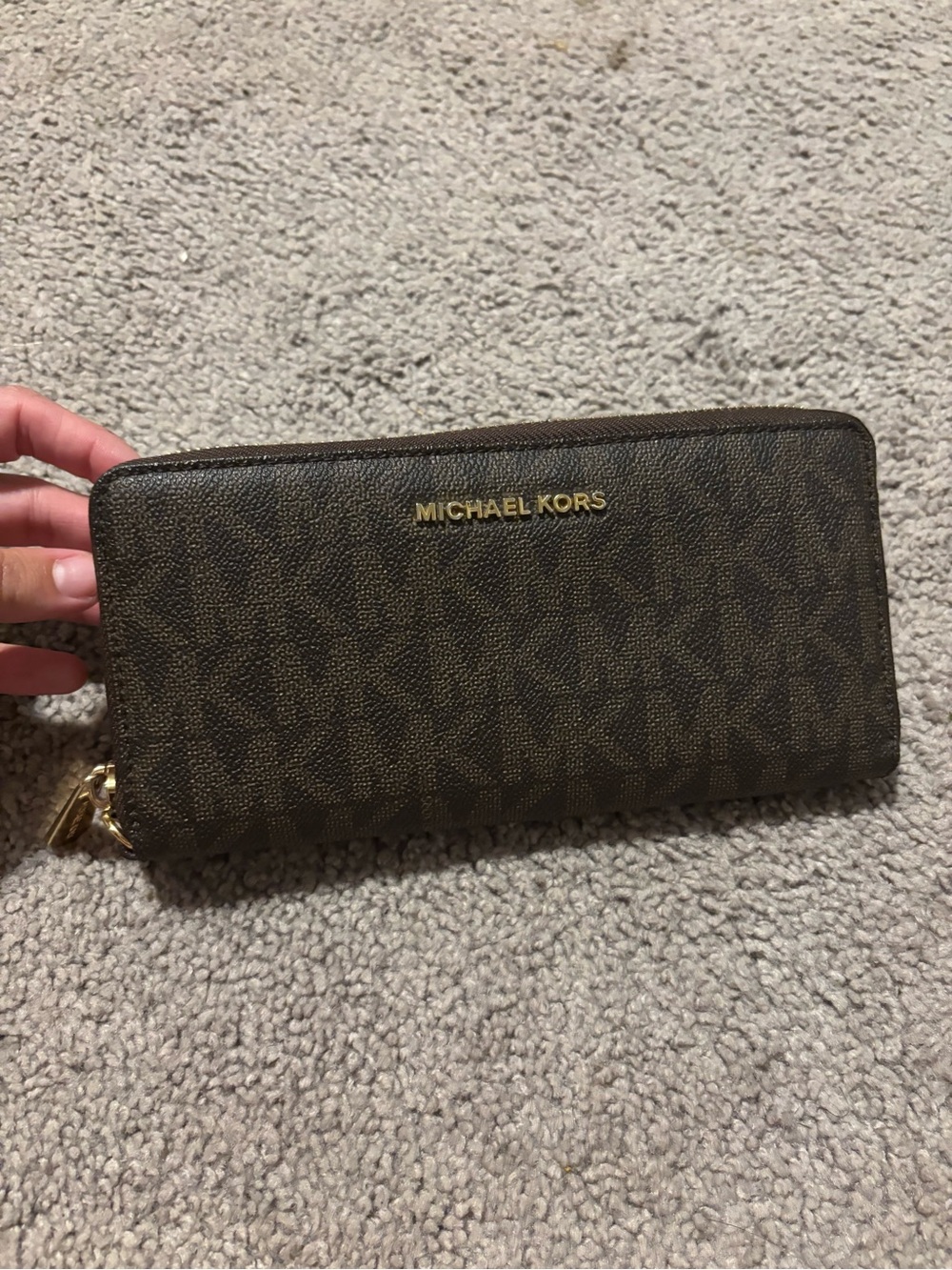 Michael Kors Brown Logo Zip-Around Wallet with Gold Hardware